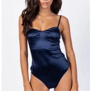 Princess Polly Navy Satin Spaghetti Strap Bodysuit